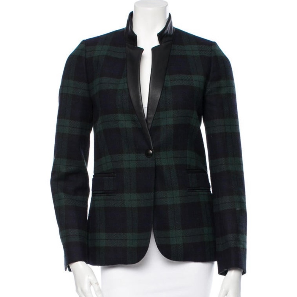 Sandro plaid blazer with leather collar